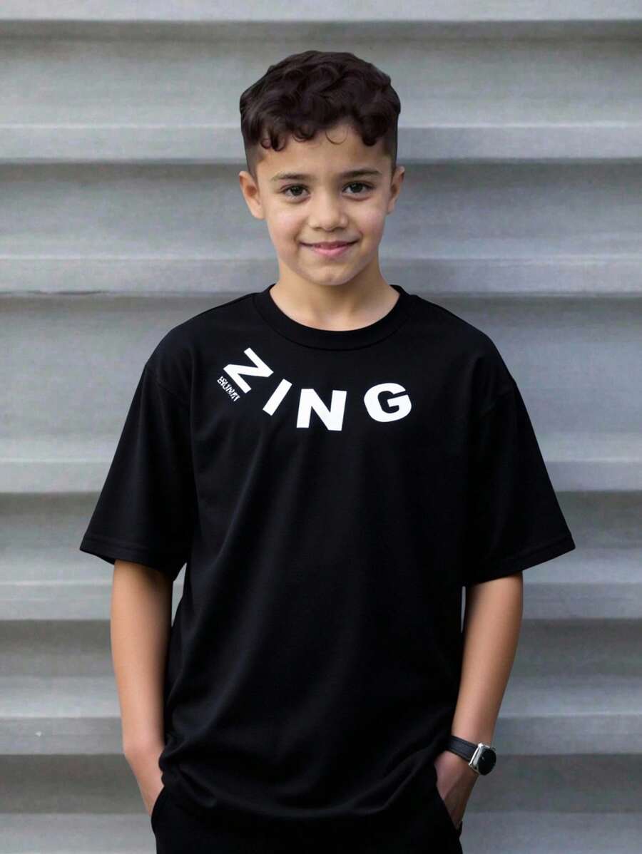 SHEIN Tween Boys' Colorblock Letter Streetwear Print Black Short Sleeve T-Shirt,Casual Sporty Comfortable Soft Fabric,Suitable For School,Travel,Summer - Black - View 1