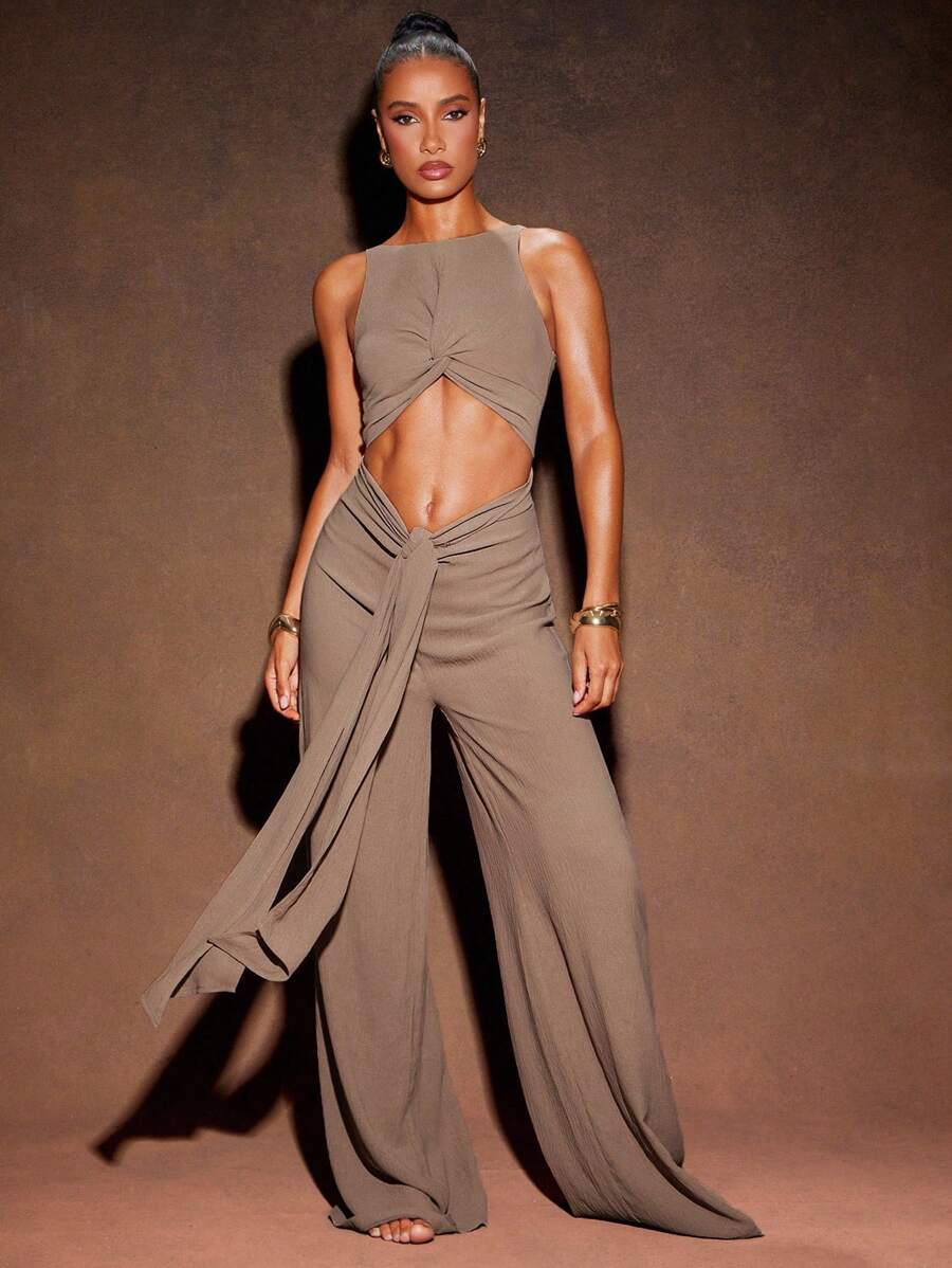 Hauture Women's Summer Vacay Twisted Front With Cut Out Linen Jumpsuit - Brown - View 1
