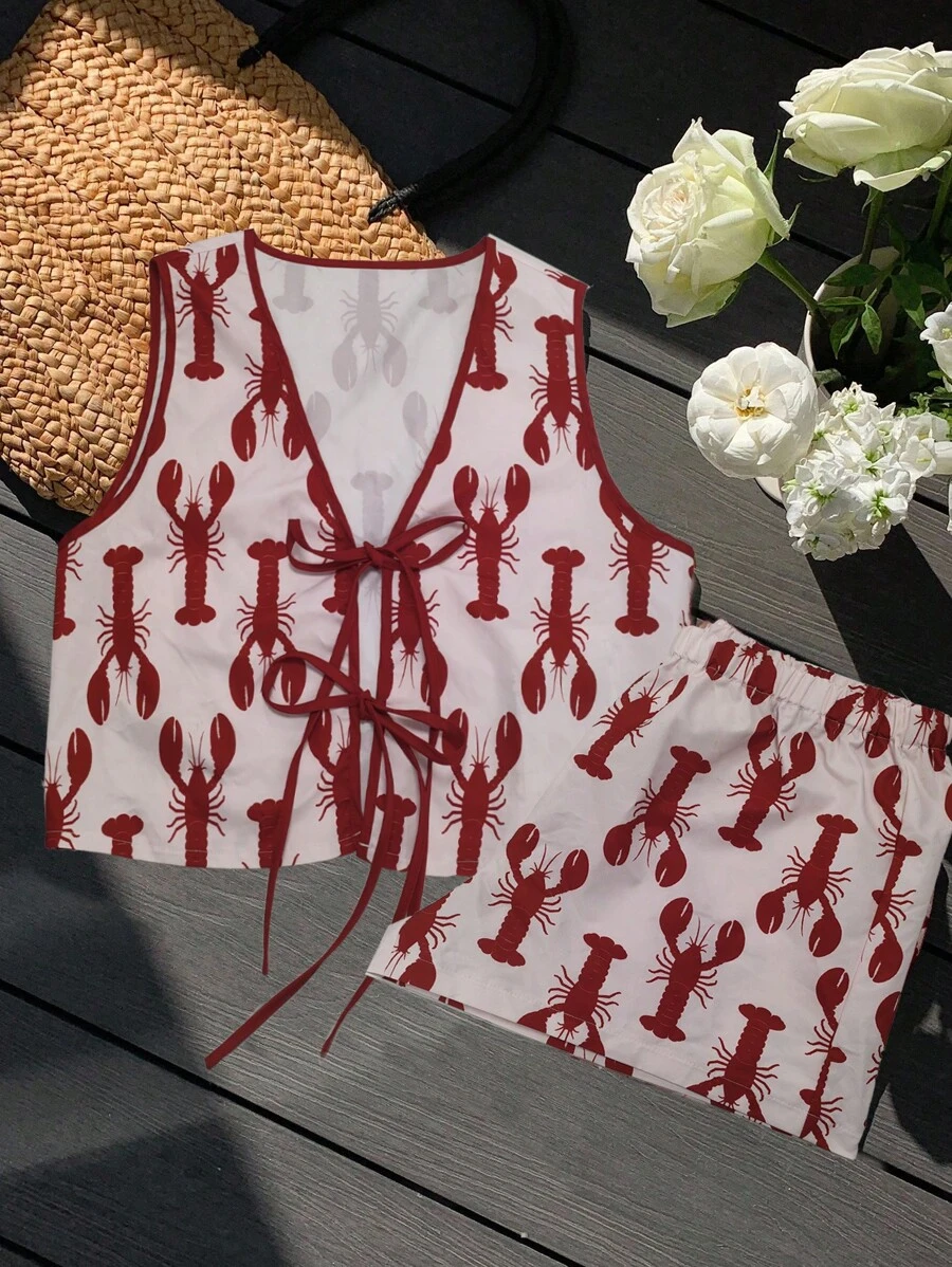 Comfortcana 2件套女士休闲简约龙虾印花夏季服装 - 彩色 - 查看 1
