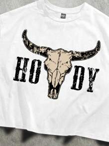 Manfinity ZONE917 复古做旧牛角字母图案印花超大短款背心男士短款上衣白色短款上衣男士图案T恤男士短款 - 白色 - 查看 4