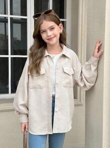 SHEIN 青少年女孩米色燈芯絨翻蓋口袋落肩長袖外套 秋冬休閒街頭風日常穿著夾克 鈕扣開襟襯衫版型 大廓形 - 杏色 - 查看 9