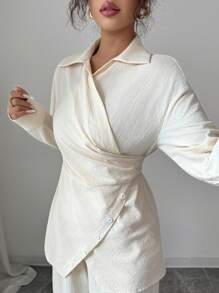 Modelyn 女士春秋梭织领长袖系带休闲两件套服装