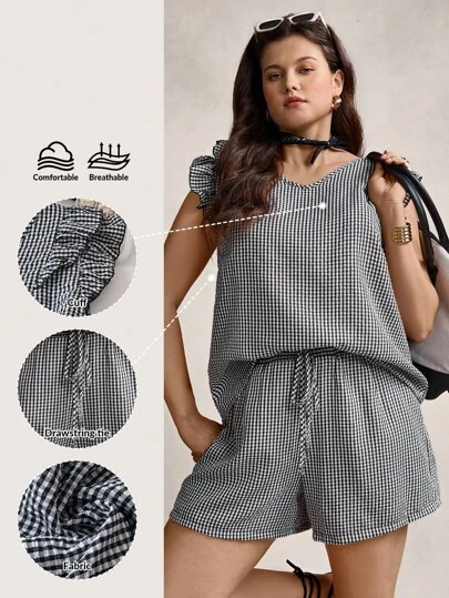 Zelara Plus Size Women'S Flutter Sleeve Gingham Top And Shorts Two-Piece Set For Summer, Back To School Clothes, Vintage Clothes Women, Teacher Outfits For Women, Simple & Fashionable, Commute Minimalist Office Old Money Blouset, Suitable For Daily Wear, Suitable For Commuting, Elegant Personalized Party, Holiday Elegant Outfits, Elegant And Fashionable For Commuting, Vacation Style, Holiday Outfits, Boho/Bohemian Women Two-Piece Outfits, Office Siren Style Outfits 2pcs, Holiday Elegant 2pcs Set
