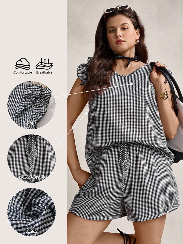 Zelara Plus Size Women'S Short-Sleeved Gingham Top And Shorts Two-Piece Set For Summer, Back To School Clothes, Vintage Clothes Women, Teacher Outfits For Women, Simple & Fashionable, Commute Minimalist Office Old Money Blouset, Suitable For Daily Wear, Suitable For Commuting, Elegant Personalized Party, Holiday Elegant Outfits, Elegant And Fashionable For Commuting, Vacation Style, Holiday Outfits, Boho/Bohemian Women Two-Piece Outfits, Office Siren Style Outfits 2pcs, Holiday Elegant 2pcs Set