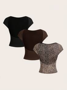 SHEIN EZwear 3pcs Casual Leopard Print Cropped Backless T-Shirts, Suitable For Summer - Multicolor - View 2
