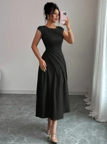 Elenzga 女士优雅度假风法式浪漫茶会落肩腰褶皱连衣裙，春夏 - 黑色 - 查看 4