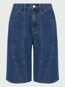 女士休闲水洗宽松牛仔短裤 - 深色水洗藍 - 查看 6