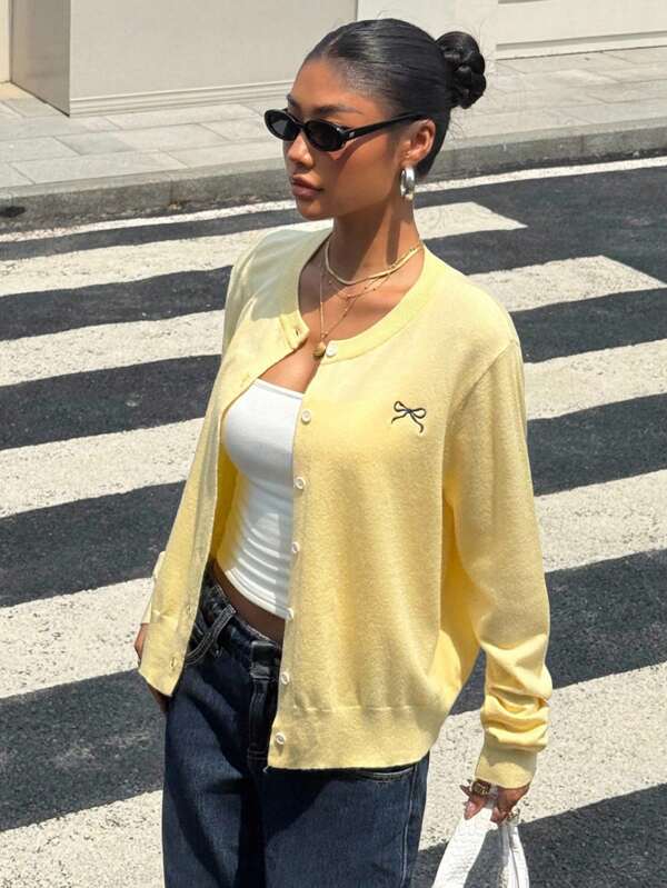 Muchica Autumn New Bow Embroidery Cream Yellow Round Neck Long Sleeve Knitted Cardigan,Fall Outfits For Women