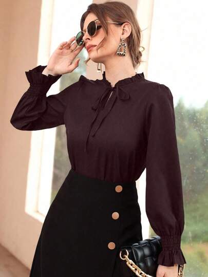 Modelyn Women's Solid Color Ruffle Collar Tie Front Long Sleeve Elegant Blouse, Autumn Fall Cloth For Women