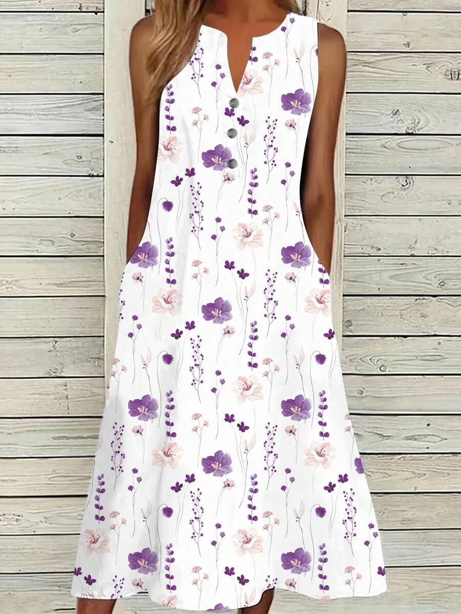 EMERY ROSE Women's Casual Vacation Sleeveless V-Neck Printed Knit Maxi Dress