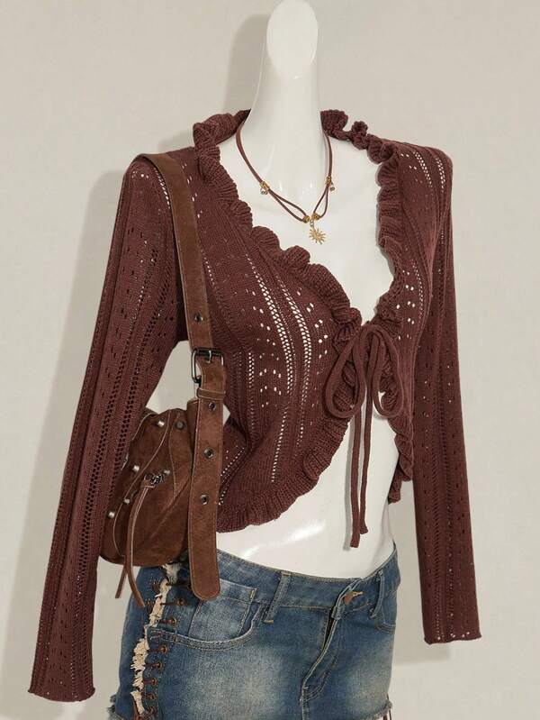 SHEIN ICON Vintage Women Hollow-Out Sexy Avant-Garde Knitted Cardigan Fall Women Clothes