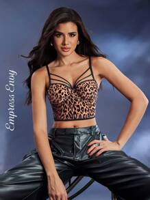 Leopard Print Sexy Front Tie Fishbone Bustier Bra, Underwire Short Fitted Lift & Enhance Bra, Going Out