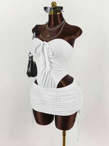 Amplova Plus Size Women Bandeau Bodysuit With Drawstring & High Waist Mini Skirt 2 Pieces Set - White - View 4