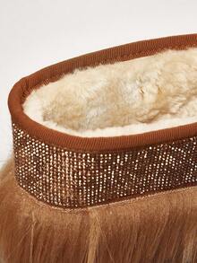 SHUZIA Women's Man Made Fur Camel Mid-Calf Snow Boots With Rhinestone Collar & Bow Detail – Warm, Luxe & Eye-Catching Winter Style With Anti-Slip Sole For Chic Cold-Weather Looks - Camel - View 6