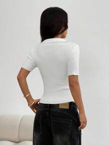 Rafferiza Women Knight Pattern Short Sleeve Polo Collar Ribbed Knit Fitted Top Button Down Shirt - Beige - View 2