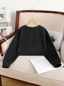 SHEIN 青少年女孩宽松休闲舒适圆领套头长袖花卉印花运动衫 - 黑色 - 查看 2