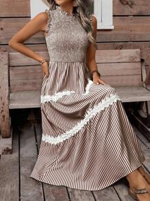 LanaWest Women Sleeveless Casual Striped Frill Hem Mini Dress