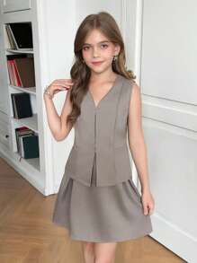 青少年女孩优雅纯色深灰色无袖西装外套和裙子两件套