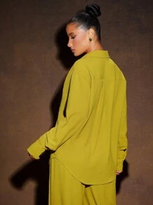 Hauture Áo sơ mi vải lanh nhăn trơn phong cách Boho mùa hè - màu xanh lá - Xem 2