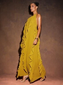 Hauture Sexy Summer Boho Vacation Solid Frill Detail Open Back Maxi Dress - Yellow - View 4