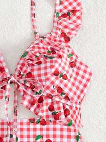 Swim Mod Traje de baño de una pieza con volantes, abertura en la espalda y estampado aleatorio, sexy para vacaciones de verano