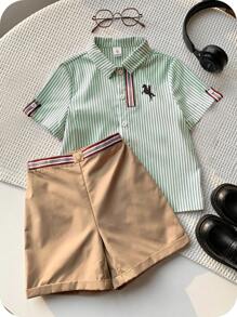 SHEIN 2 件/套平价休闲运动学院风彩色条纹丝带装饰 Polo 领短袖衬衫和卡其色梭织短裤套装，适合日常穿着、运动、郊游、校园、聚会、节日、拍照、返校季、春夏季 - 綠色 - 查看 9