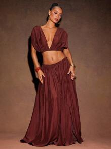 Hauture Women's Summer Vacay Deep V Neck Low Back Linen Top - Brown - View 5