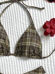 Swim Mod 女士夏季沙滩格纹露背性感比基尼泳装套装