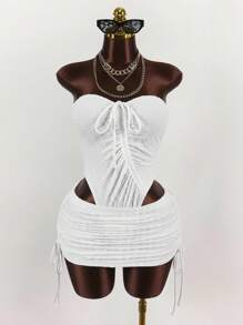 Amplova Plus Size Women Bandeau Bodysuit With Drawstring & High Waist Mini Skirt 2 Pieces Set - White - View 3