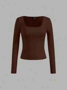 SHEIN EZwear 3 件女士休闲 U 领长袖紧身 T 恤，适合秋冬季 - 彩色 - 查看 9