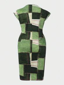 Vestido de talla grande con escote en V profundo y estampado patchwork para el verano - Verde militar - Ver 2