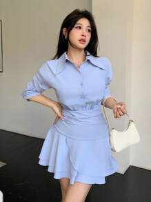 Celisse 女式领口褶饰下摆百褶衬衫裙 - 藍色 - 查看 5