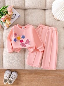 2 件套女婴针织罗纹蝴蝶刺绣卫衣和裤子套装，粉色，秋季 - 粉色 - 查看 1