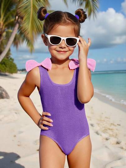 Emery Rose Kids Emery Rose Kids Young Girl Solid Color Knitted One-Piece Swimsuit