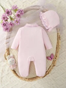 新生儿可爱薰衣草图案长袖连体衣带帽子，2件套家居服秋冬装 - 藕粉色 - 查看 2