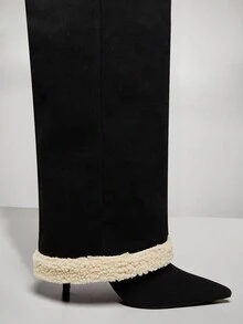 SHUZIA 女士锁扣装饰过膝高跟鞋基本款优雅舒适保暖休闲日常舒适羊羔绒麂皮黑色靴子 - 黑色 - 查看 7