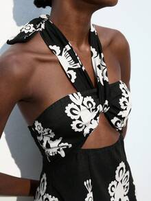 Maija Damen Herbst Twist Neckholder figurbetontes Urlaubskleid mit Blume Muster, Hohlwaise, elastischer Seitenreißverschluss, elegantes Boho Beach Resort Minikleid - Schwarz - Übersicht 4