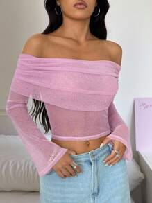 SHEIN EZwear 女式新款露肩喇叭袖闪光网眼衬衫 - 淺粉色 - 查看 3