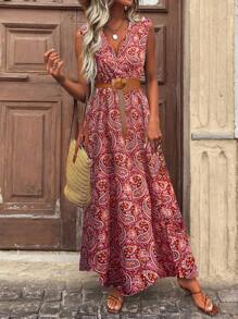 SHEIN Clasi V 领无袖佩斯利印花连衣裙长款女装 - 紅色 - 查看 3