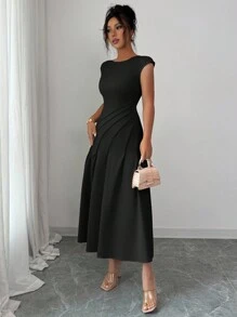 Elenzga 女士优雅度假风法式浪漫茶会落肩腰褶皱连衣裙，春夏 - 黑色 - 查看 7