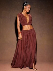 Hauture 女士夏季性感度假褶皱亚麻棕色松紧腰长裙