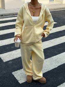 SHEIN EZwear Women's Cream Yellow Casual Loose Sweatsuit Set, Y2K Style, Autumn Outfit