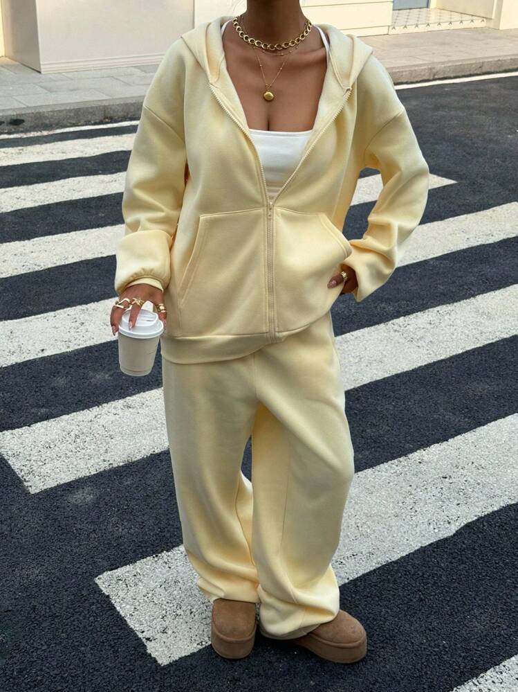 Muchica Conjunto de sudadera holgada casual de mujer en color crema amarillento, nueva llegada de otoño - Amarillo - Ver 5