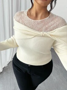 Elenzga Maglione elegante da donna taglie forti con lavorazione a maglia a contrasto e nodo, autunnale - Beige - Visualizzare 7
