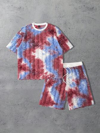 Street Life Conjunto de 2 piezas de camiseta y pantalones cortos teñidos con efecto desgastado para hombres