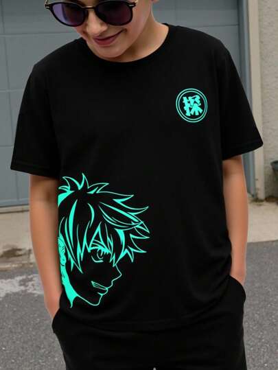 SHEIN Tween Boy Reflective Character & Letter Print Short Sleeve T-Shirt, Casual Daily Wear For Summer