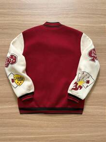 SHEIN 青少年男孩休闲日常扑克牌印花棒球领前开宽松针织厚红色夹克开学第一天妈妈和我为孩子冬季秋季圣诞节 - 紅色 - 查看 2