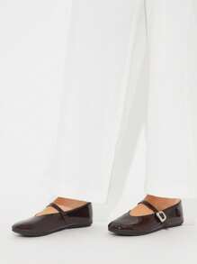 Solezae Women's Blod Buckle Wide Open Round Toe Shiny Pu Brown Mary Jane Flats-Luxe-Feeling For Office To Dinner - Chocolate Brown - View 2