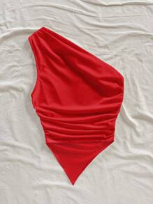 Soleia Bright Red Asymmetric Hem Shoulder Strap Blouse, Suitable For Summer Vacation One Shoulder Top Top,Off The - Multicolor - View 2