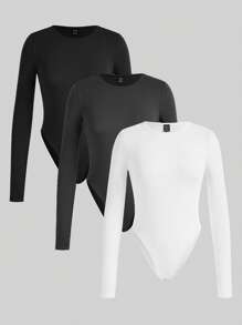 SHEIN EZwear 3pcs Women's Casual Minimalist Long Sleeve Bodysuit, Suitable For All Seasons Fall Clothes
